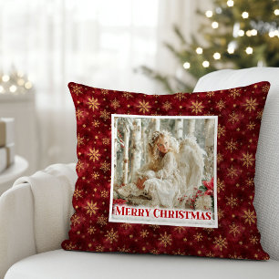 Änglaengel Poinsettia Röd Guld Festiv Jul Kudde