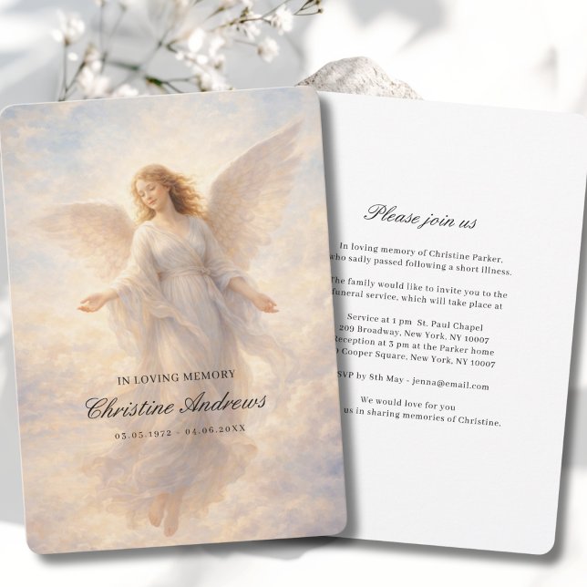 Änglafirande Livsbegravning Inbjudningar (Angel Celebration of Life Funeral Invitation. Print & Instant Download.)