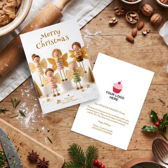 Änglaga Macaron Matföretag Jul TMF26 Julkort (Angelic Macaron Food Business Christmas Holiday Greeting Card With Cute Miniature Angels.)