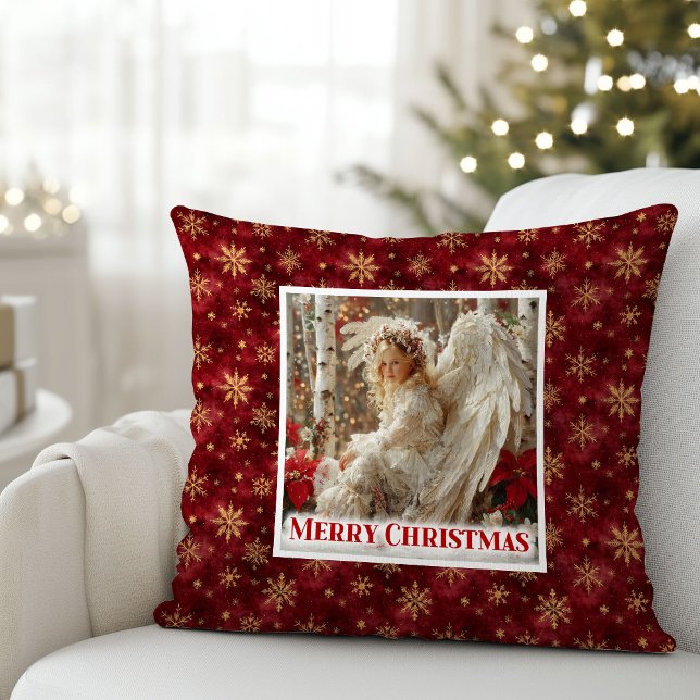 Änglalik himmelsk julängel röd guld kudde (Angelic heavenly Christmas angel red gold pillow)