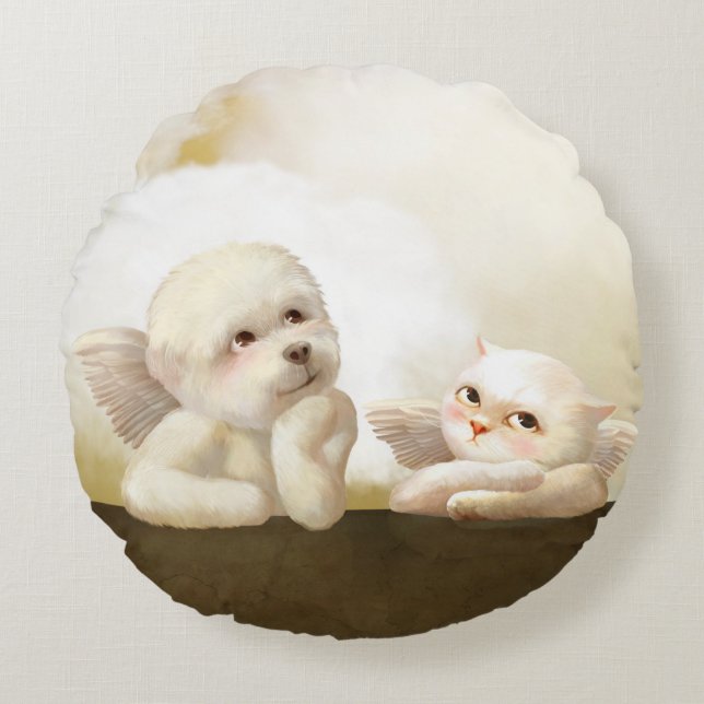 Änglalikt par: leende Bichon & Bao Bao Cloud Rund Kudde (Framsidan)