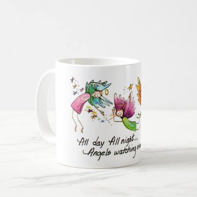 Änglar flyger glatt "hela dagen" vattenfärgsskiss kaffemugg (Framsida vänster)