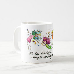 Änglar flyger glatt "hela dagen" vattenfärgsskiss kaffemugg