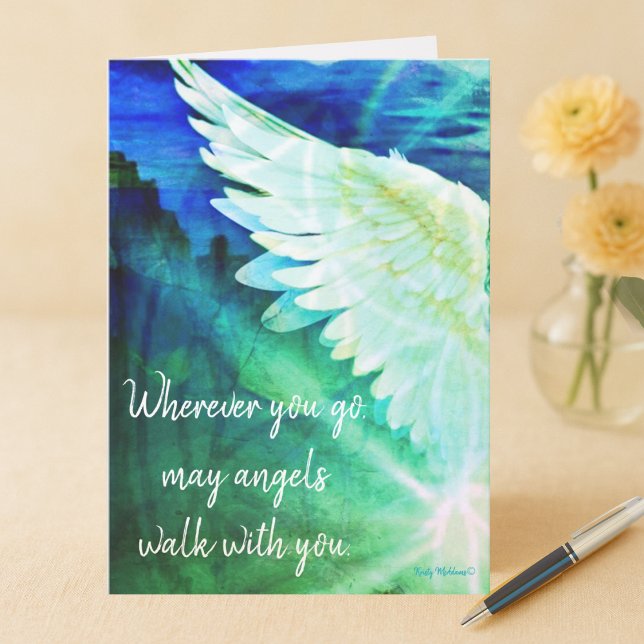Änglar går med dig Vårdängel Blå Vinge Notering Kort (Angel note card blue green wing Wherever you go may angels walk with you quote art Kristy McAdams)