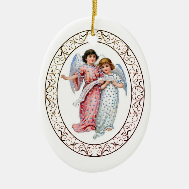 Änglar i rosa och blått julgransprydnad keramik (Framsidan)