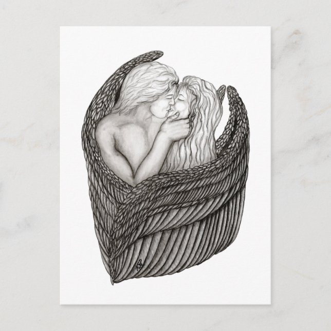 Änglar Kissing , svartvit design Vykort (Framsida)