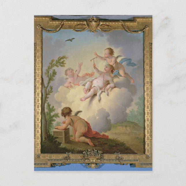 Änglar leker med en fågel i ett landskap vykort (Framsida)