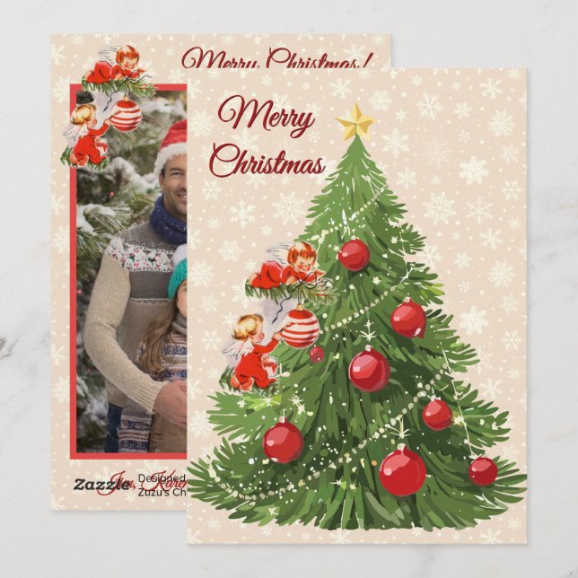 Änglar som dekorerar Träd | Creme Julkort (Fram/baksida)