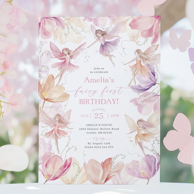 Änglaväckelse Ängeltema Födelsedagsfest Rosa Persi Inbjudningar (Fairy First Birthday Party in pink, peach and purple. )