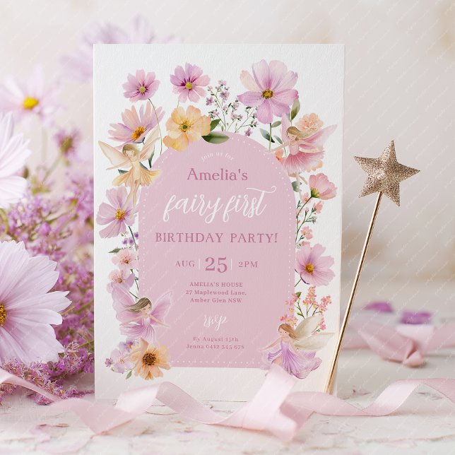 Änglaväckelse Ängeltema Rosa Persika Flicka Inbjudningar (Fairy First Birthday Invitation Pink)