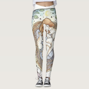 Änglavaktande mamma och bebis katt design leggings