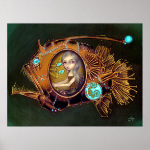 Anglerfish Submarine steampunk lowbrow Art Skriv u Poster