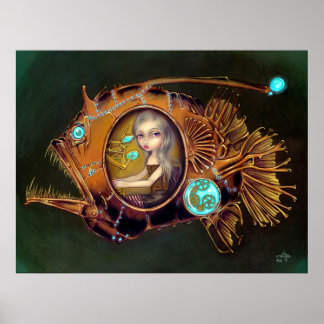 Anglerfish Submarine steampunk lowbrow Art Skriv u Poster