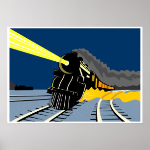 Ånglok i tåg under natten på ljus poster