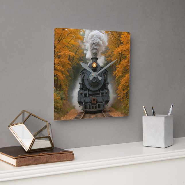 Ånglokomotiv i höstskog fyrkantig klocka (Kontor)
