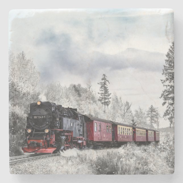 Ånglokomotiv Tåg som reser genom snön Stenunderlägg (Framsidan)