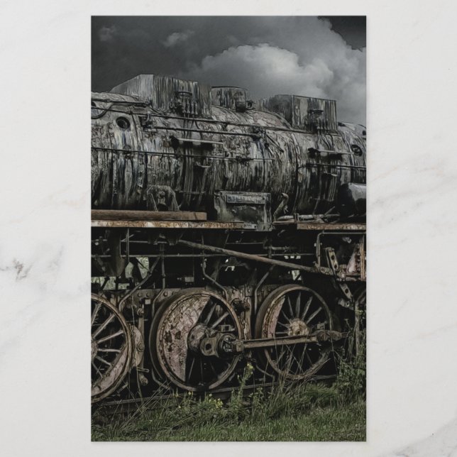 Ångmotor i tåg på järnväg (Framsida)