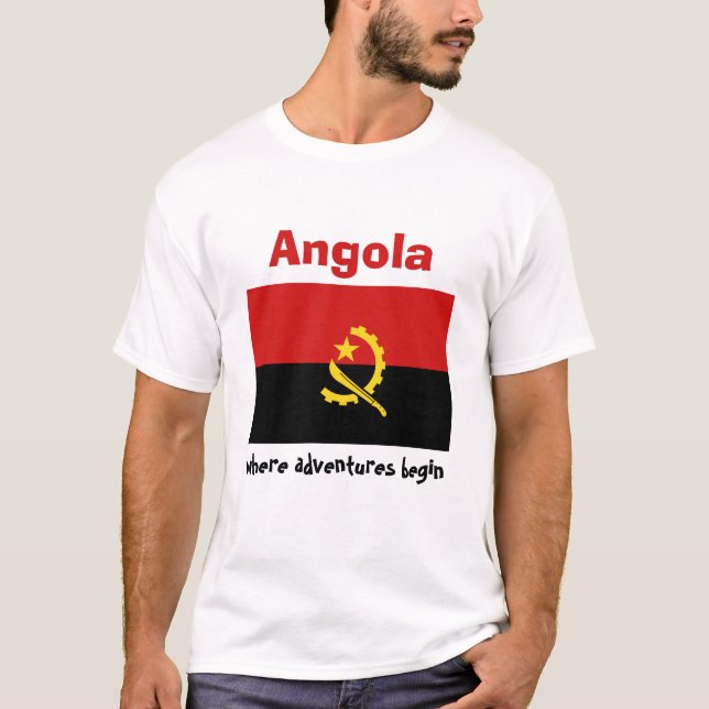 Angola Flagga + Karta + text T-Shirt (Framsida)