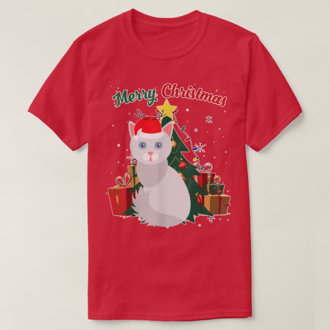 Angora Cat Julgran Snö Flakes Julafton T Shirt (Design framsida)