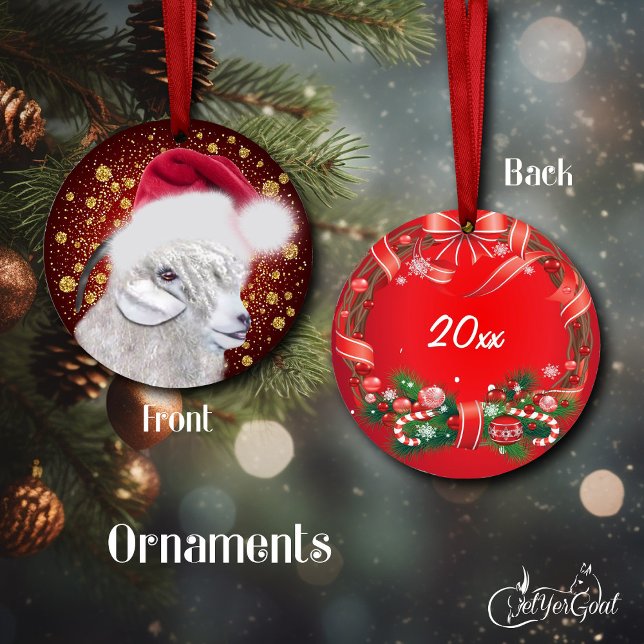 Angora Goat Santa Hat jul Ornament (Oil portrait of an Angora goat doe my AngelFace, gold snowflakes, dated on the back #zazzlemade)