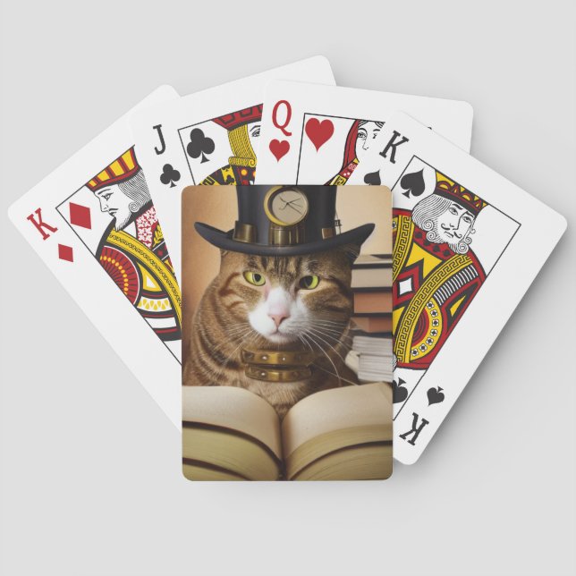 Ångpunk katt i hatt med böcker  casinokort (Baksidan)