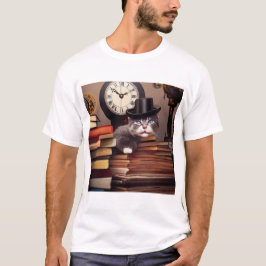 Ångpunk katt i hatt med böcker T-Shirt