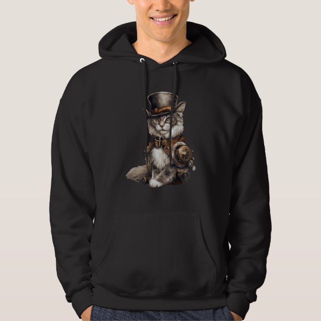 Ångpunk Katt Med Hatt Grafisk Design Katt Fantasy Hoodie (Framsida)