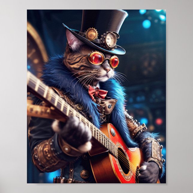 Ångpunk katt med topp hatt och skyddsbrillor, gita poster (Framsidan)