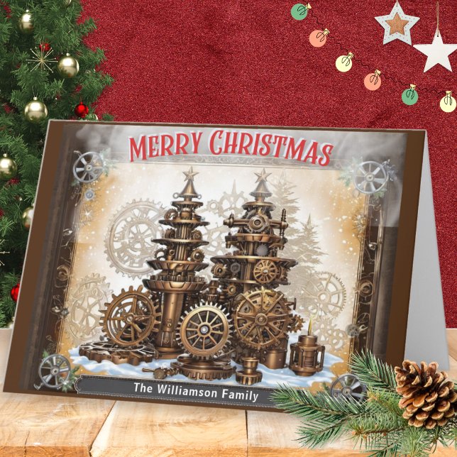Ångpunk Kugghjul Maskineri Träd God Jul Helgkort (Skapare uppladdad)