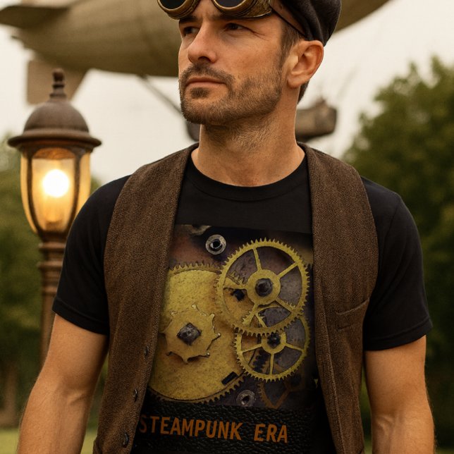Ångpunk-stil klockhjul T-shirt, herr Tee (Steampunk gears and bold text pop on this black tee perfect for fans of retro-futuristic style.)