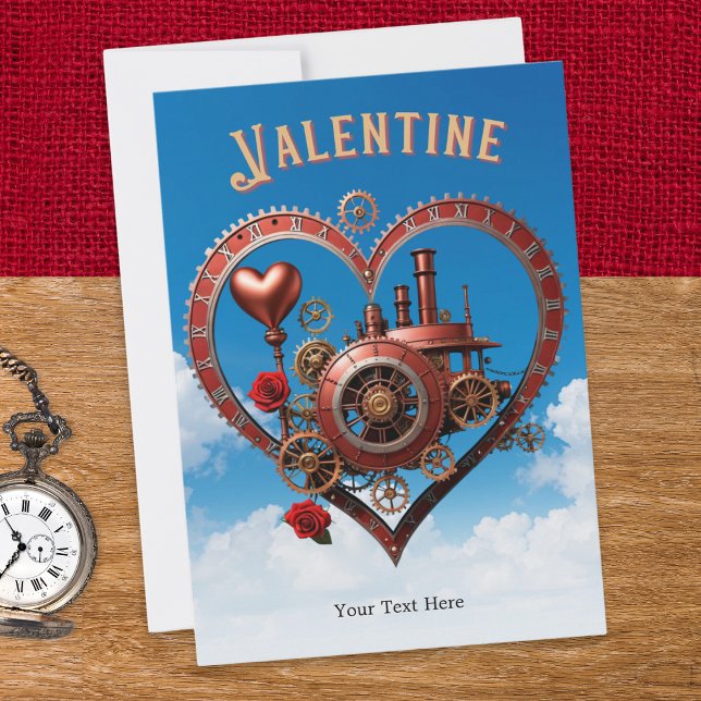 Ångpunkhjärtan Kuggar Romantiska Alla Hjärtans Dag Julkort (A personalized Valentine's Day card with a Steampunk design, featuring cogs, roses and hearts)