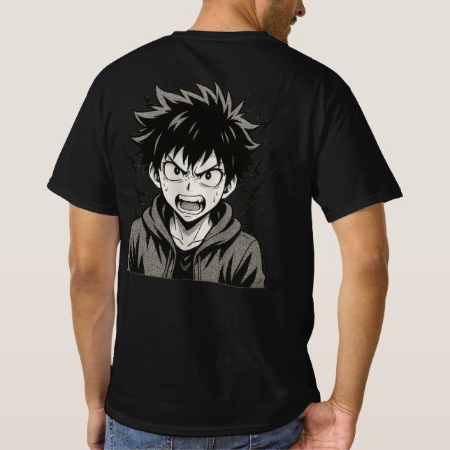Angry Anime Power Surge – Bold Black & White Manga T Shirt (Baksida)