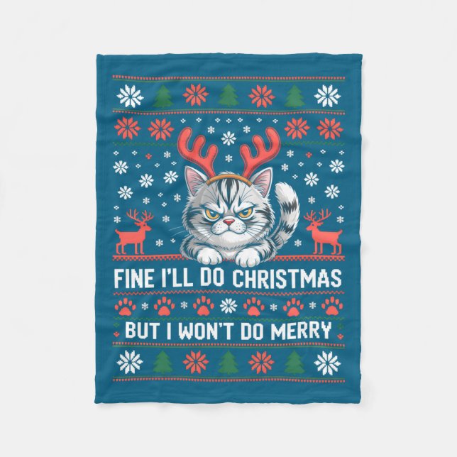 Angry Antler Cat Funny Xmas Ugly Sweater Long Slee Fleecefilt (Framsidan)
