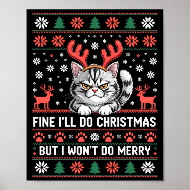 Angry Antler Cat Funny Xmas Ugly Sweater Long Slee Poster (Framsidan)