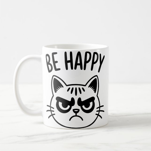 Angry Cat – Be Happy Contrast Art Kaffemugg (Vänster)