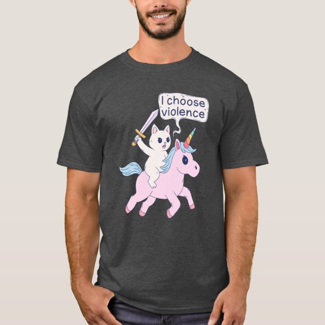 Angry Cat Riding Unicorn I Choose Violence Meme re T Shirt (Framsida)