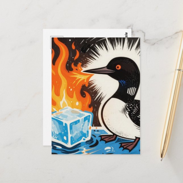 Angry fire breathing MN Loon melting ice Postcard Vykort (Fram/Back In Situ)