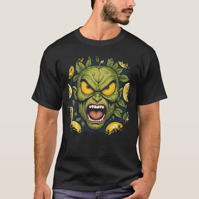 Angry Green Lemon Face with Leafy Background T Shirt (Framsida)
