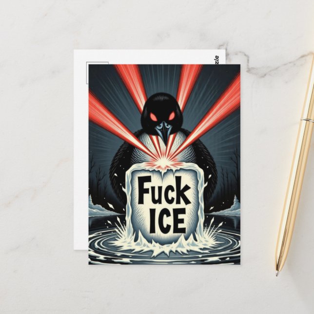 Angry red laser eyes MN Loon melting ice Postcard Vykort (Fram/Back In Situ)