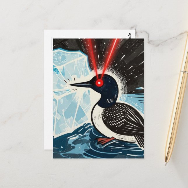 Angry red lazer eyes MN Loon melting ice Postcard Vykort (Fram/Back In Situ)