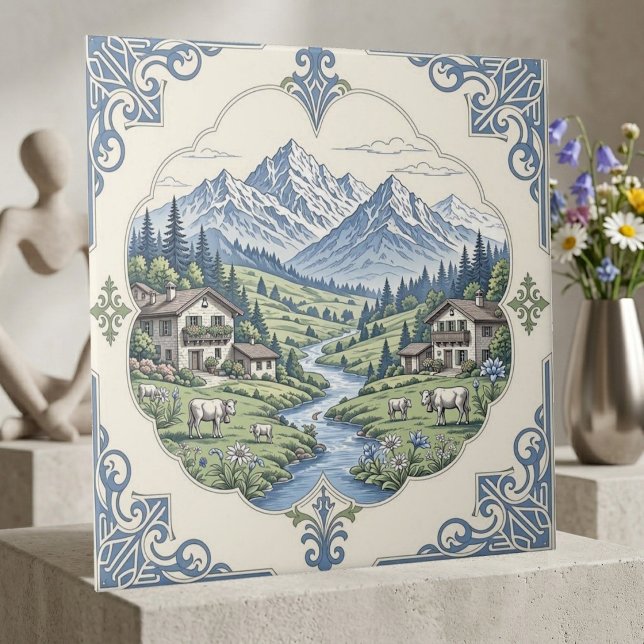 Ängsbete Ko Rustik Blå Berg Landskaps Konst Kakelplatta (Meadow Grazing Cow Rustic Blue Mountain Scenic Art Ceramic Tile)