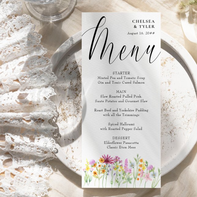Ängsblomma Elegant Skript Bröllop Meny (Floral wedding menu with elegant calligraphy)