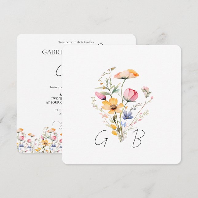 Ängsblomma Monogram Fyrkantig Bröllopsinbjudan Inbjudningar (Fram/baksida)