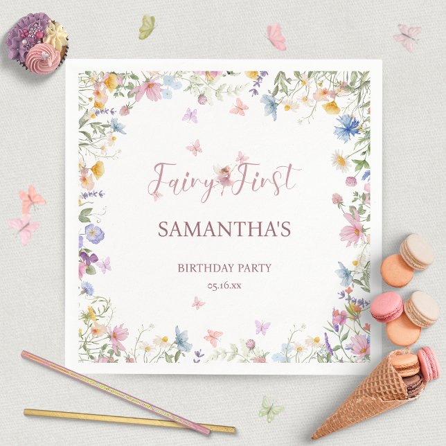 Ängsblomma Sagoträdgård 1-års födelsedagsfest Pappersservett (Wildflower Fairy Garden 1st Birthday Party Napkins)