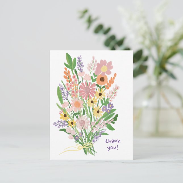 Ängsblommor Handmålad Färgrik Gouache Tack Kort (Stående Fram)