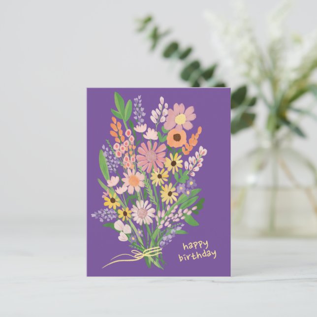Ängsblommor Handmålad Gouacheche Grattis på födels Vykort (Stående Fram)