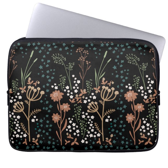 Ängsblommor Naiv Konst Mörk Bakgrund Laptop Fodral (Framsidan)