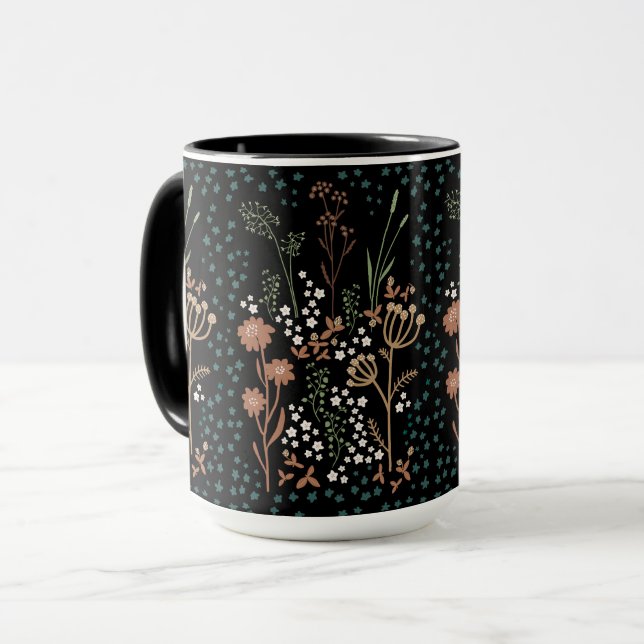Ängsblommor Naiv Konst Mörk Bakgrund Mugg (Framsida vänster)
