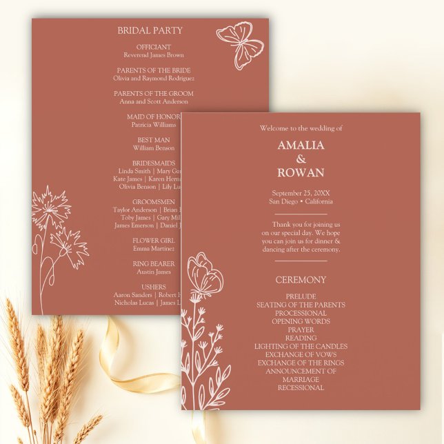 Ängsblommor Terrakotta Bröllopsbudget Program (Skapare uppladdad)