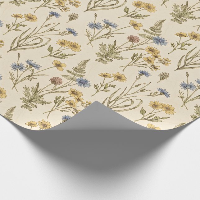 Ängskärna Botaniskt Tryck Blå Gula Blommor Presentpapper (Hörn)